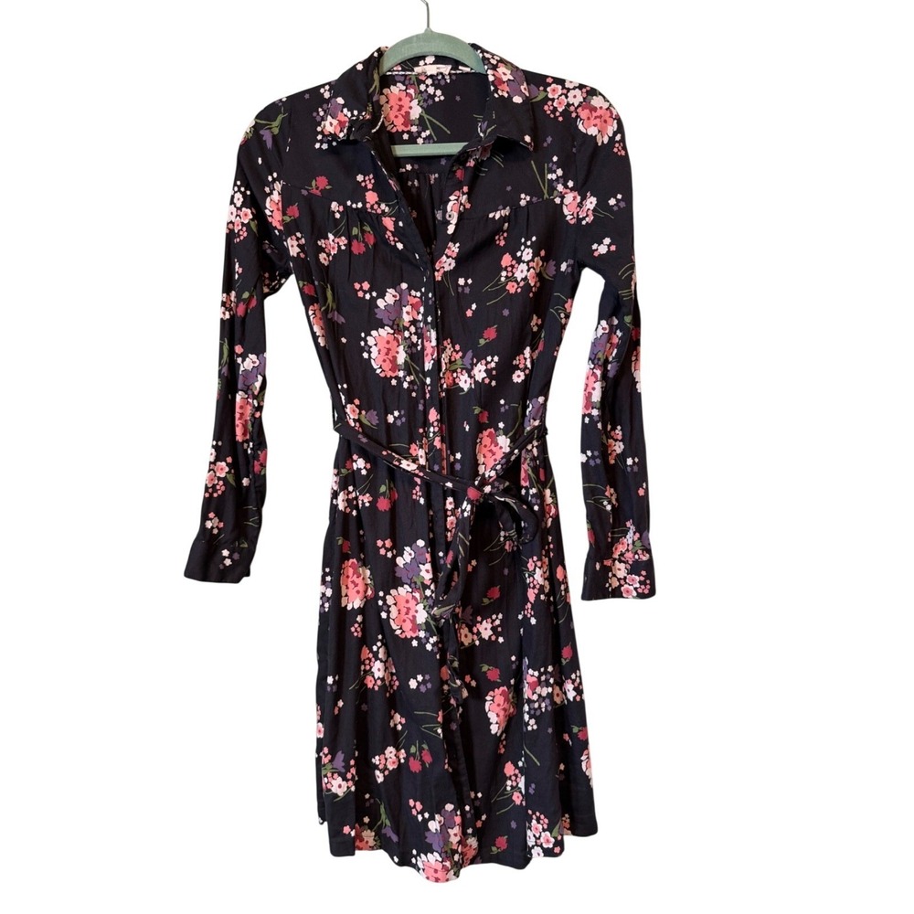 Fat Face Shirt Dress Women 2 Black Floral Button Front Long Sleeve Belted Mini